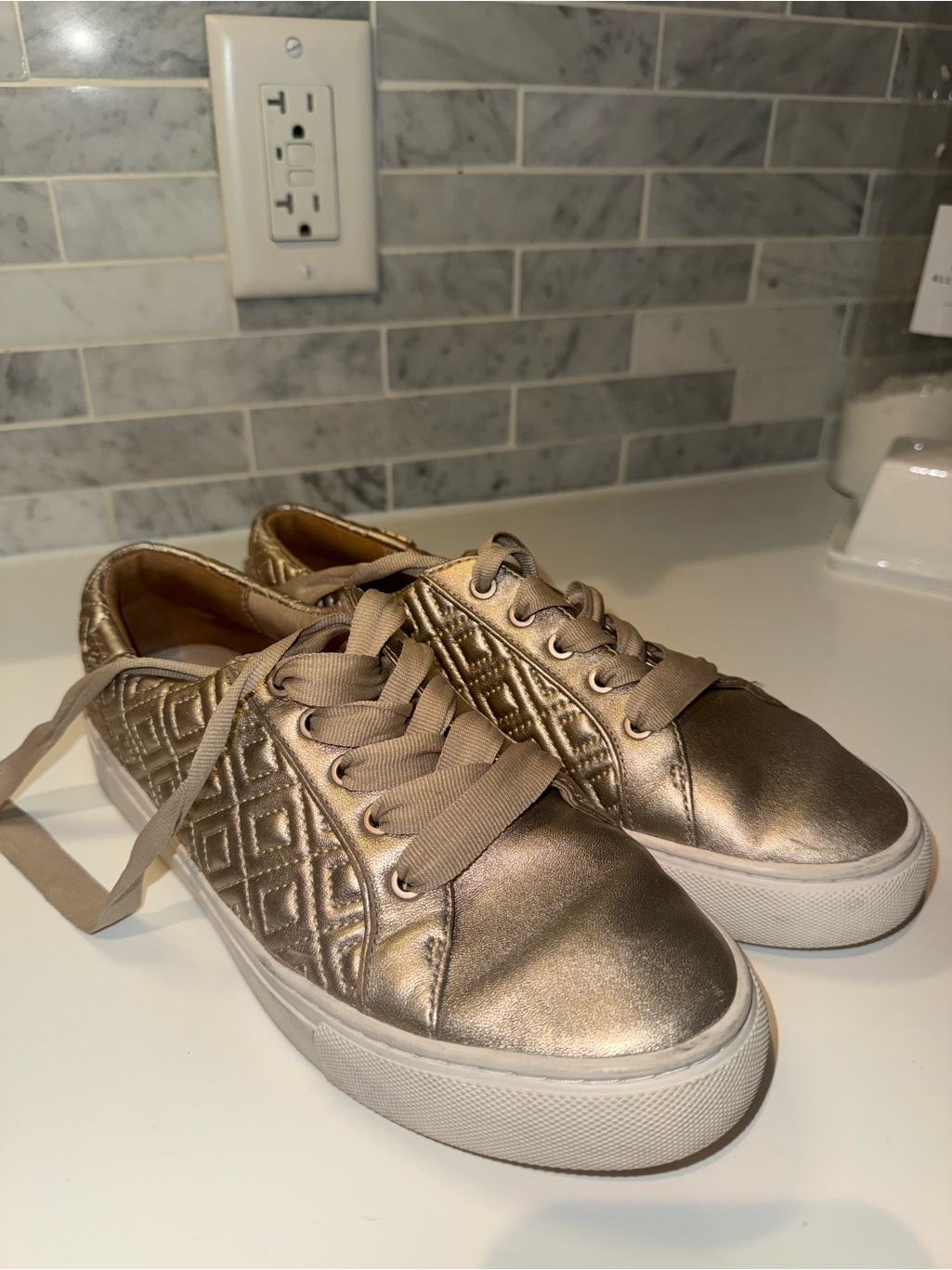 Tory Burch Metallic Gold Quilted Low-Top Sneakers